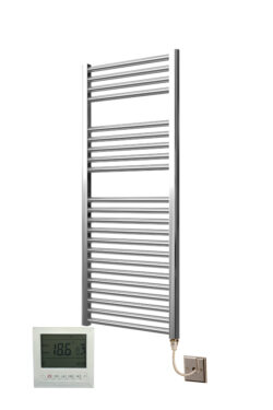 Extra High Heat Output Chrome Electric Towel Rail 600 x 800mm + TIMER / ROOM THERMOSTAT Curved Bathroom Radiator Heater